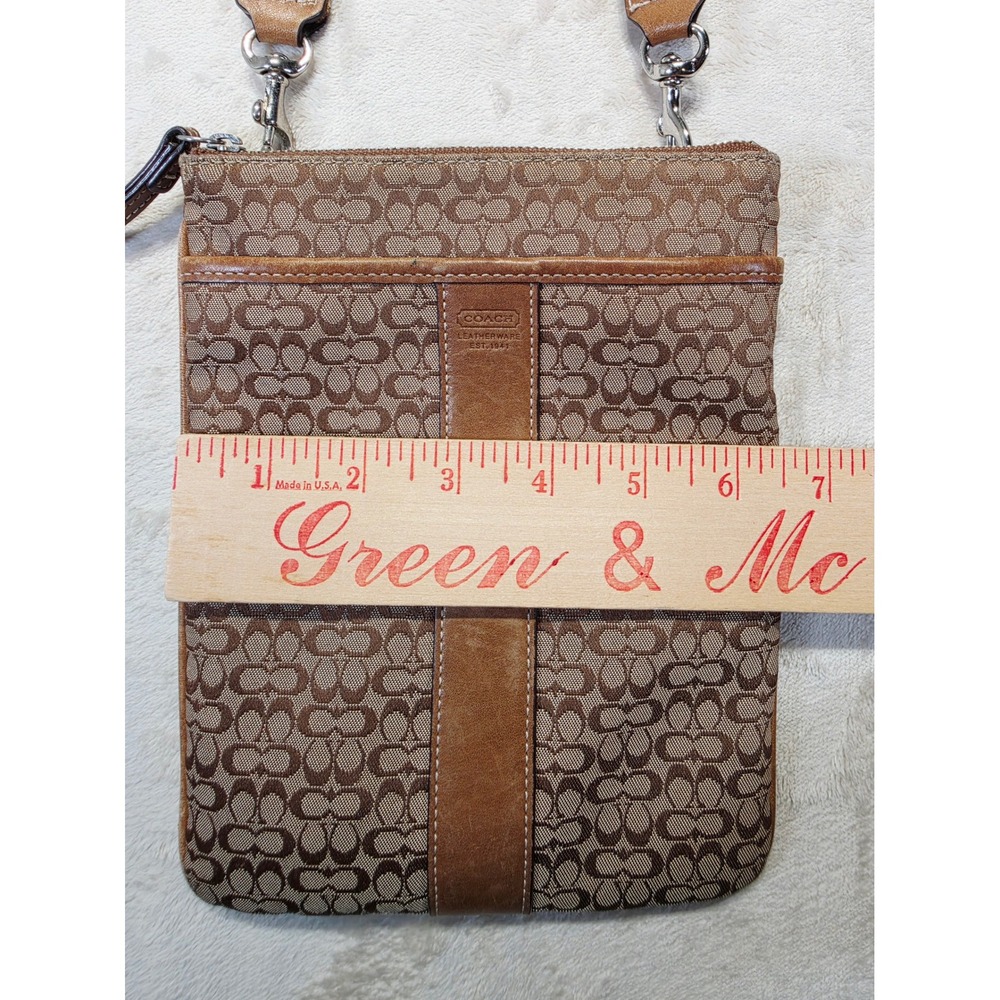 Coach Signature Jacquard Crossbody Bag Tan Leather Trim Slim Messenger Brown - Picture 7 of 12